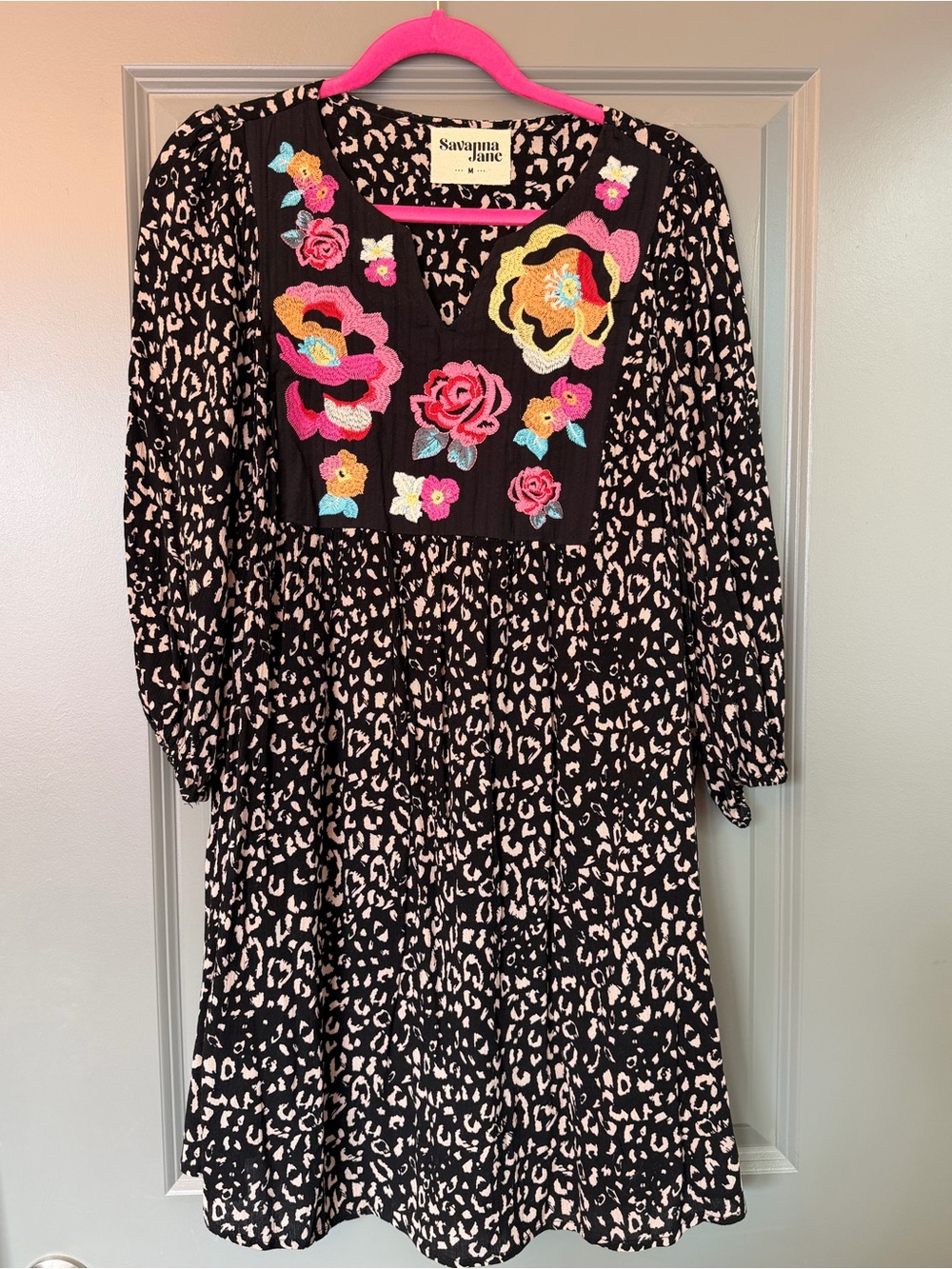 Savanna Jane Black Leopard Dress with Bright Floral Embroidery